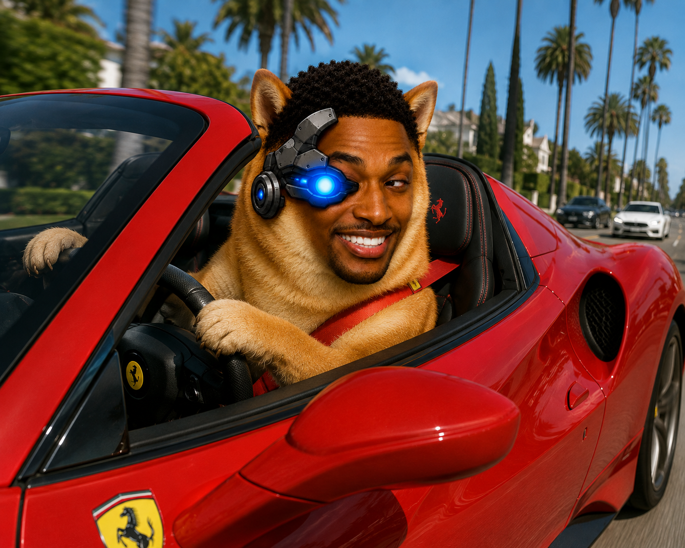 Ansem Inu in a red convertible